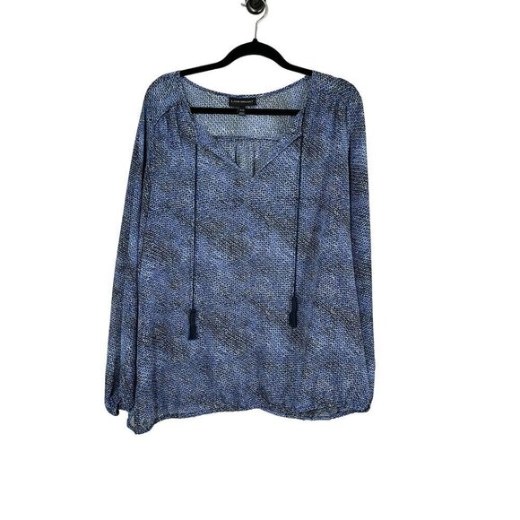 Lane Bryant Top Women 18 Blue Neutral Animal Print Tassel Coastal Preppy Classic - Picture 1 of 13